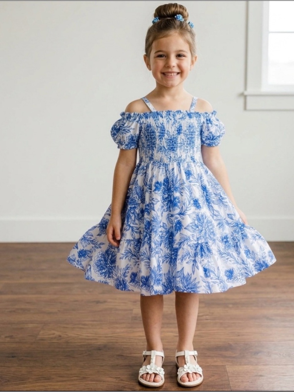 Joie Blue and White Floral Off-Shoulder Smocked Dress